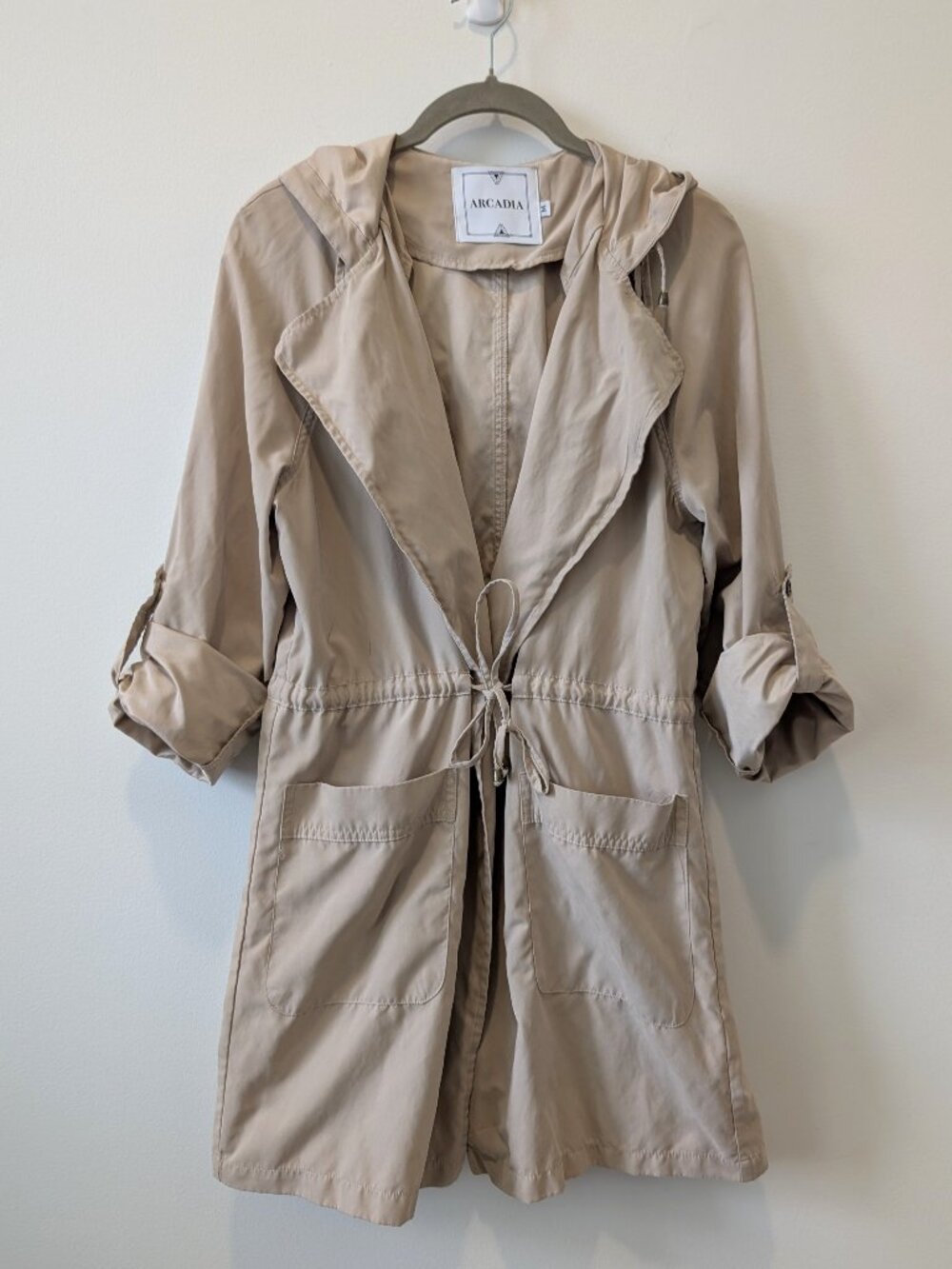 ARCADIA Hooded Trench Coat with Tie Waist| Medium
